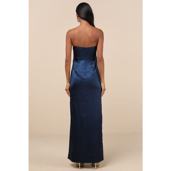 NWT Lulus Memorable Entrance Dark Blue Strapless Satin Maxi Dress Bridesmaid M - Picture 3 of 8